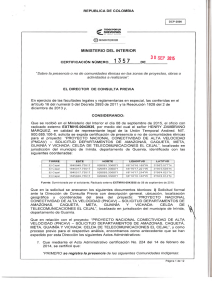 CERTIFICACIÓN 1357 DEL 30 DE SEPTIEMBRE DEL 2015 CON RADICADO EXTMI15-0043935 PARA EL PROYECTO: PROYECTO NACIONAL CONECTIVIDAD DE ALTA VELOCUDAD (PNCAV)-SOLICITUD DEPARTAMENTOS DE AMAZONAS CAQUETA, META, GUAINIA Y VICHADA CELDA DE TELECOMUNICACIONES EL JARDIN