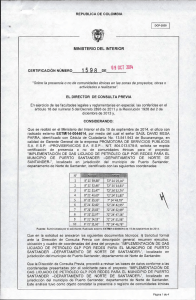 CERTIFICACI&Oacute;N 1598 DEL 9 DE OCTUBRE DEL 2014 CON RADICADO EXTMI14-0044614 PARA EL PROYECTO: IMPLEMENTACION DE GAS LICUADO DE PETROLEO GLP POR REDES PARA EL MUNICIPIO DE PUERTO SANTANDER - DEPARTAMENTO NORTE DE SANTANDER