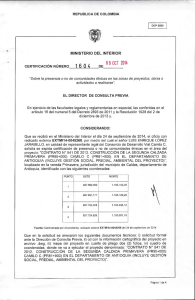 CERTIFICACIÓN 1604 DEL 9 DE OCTUBRE DEL 2014 CON RADICADO EXTMI14-0045268 PARA EL PROYECTO: CONTRATO No. 541 DE 2012. CONSTRUCCION DE LA SEGUNDA CALZADA PRIMAVERA (PR95+000) CAMILO C (PR81+900) EN L DEPARTAMENTO DE ANTIOQUIA (INCLUYE GESTION SOCIAL, PREDIAL, AMBIENTAL DEL PROYECTO)