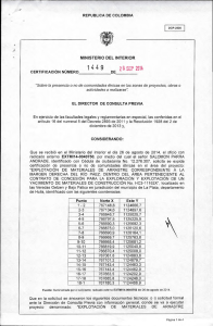 CERTIFICACIÓN 1449 DEL 26 DE SEPTIEMBRE DEL 2014 CON RADICADO EXTMI14-0040750 PARA EL PROYECTO: EXPLOTACION DE MATERIALES DE ARRASTRE CORRESPONDIENTE A LA MARGEN DERECHA DEL RIO PAEZ, DENTRO DEL AREA PERTENECIENTE AL CONTRATO DE CONCESION PARA LA EXPLORACION Y EXPLOTACION DE UN YACIMIENTO DE MATERIALES DE CONSTRUCCION No. HC3-11162X