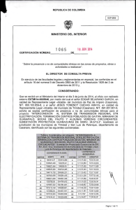 CERTIFICACIÓN 1065 DEL 18 DE JUNIO DEL 2014 CON RADICADO EXTMI14-0025640 PARA EL PROYECTO: INTERCONEXIÓN  AL SISTEMA DE TRANSMISIÓN REGIONAL STR  ELECTRIFICACIÓN, TERMINACIÓN CENTROS POBLADOS DE GAITÁN, MIRAMAR DE GUANAPALO, BOCAS DEL PAUTO Y ALGUNAS VEREDAS CIRCUNDANTES: SUBESTACIÓN PROYECTADA GUARACURAS DE 500KV, 34,5/13,2
