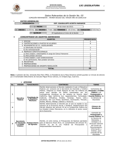 LXI LEGISLATURA Datos Relevantes de la Sesión No. 03 1 DATOS GENERALES: