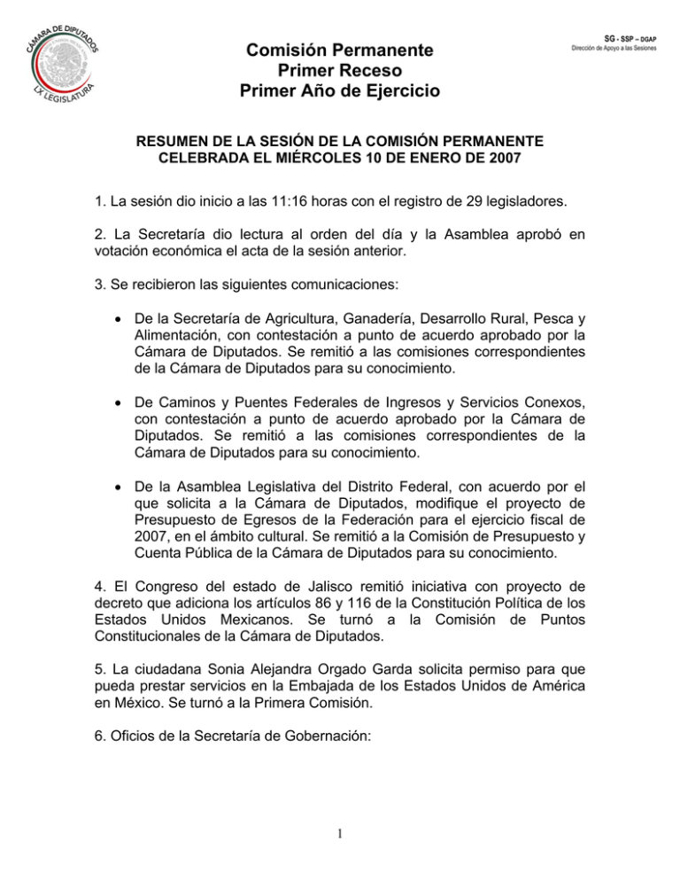 Comisión Permanente Primer Receso Primer Año De Ejercicio 9870