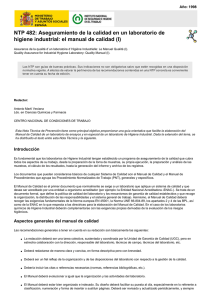 Nueva ventana:NTP 482: Aseguramiento de la calidad en un laboratorio de higiene industrial: el manual de calidad (I) (pdf, 242 Kbytes)