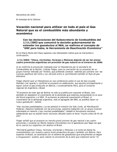 Vocación nacional para utilizar en todo el país el Gas Natural que es el combustible más abundante y económico - Noviembre 2003