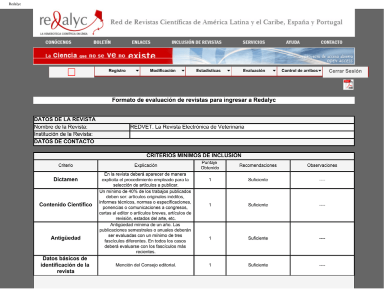 Ficha Tecnica De La Evaluación De REDVET Por Redalyc