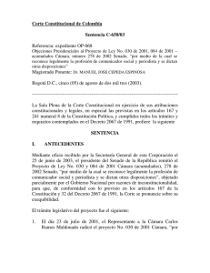 Corte Constitucional de Colombia Sentencia C-650/03 Referencia: expediente OP-068