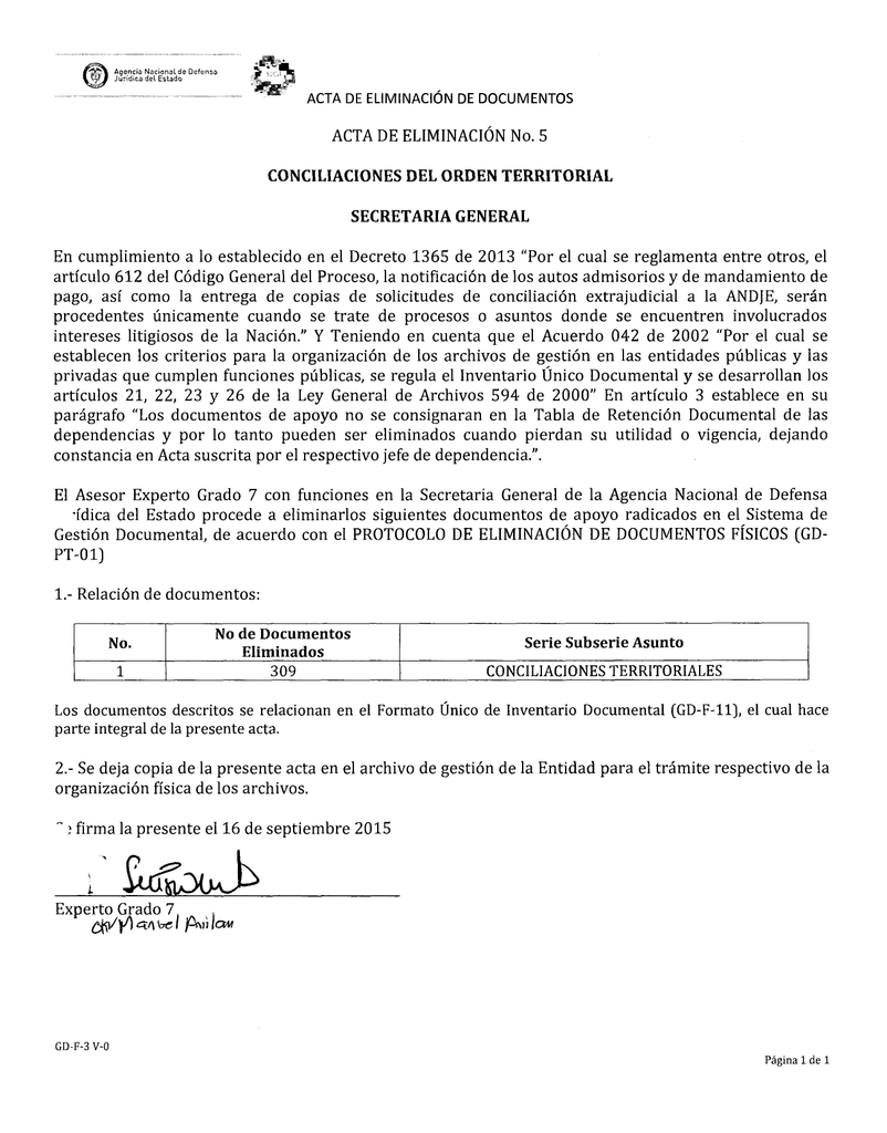  Acta de eliminación No. 5