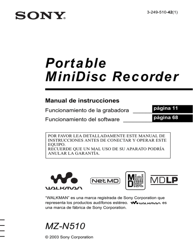 Portable MiniDisc Recorder Manual de instrucciones