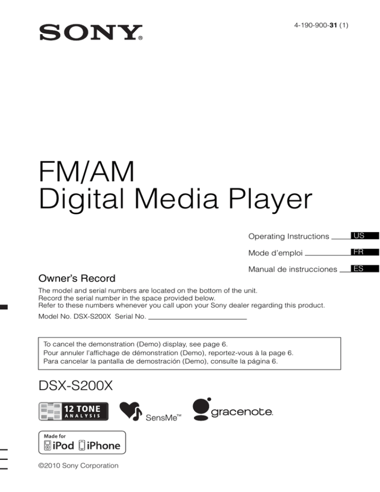 FM/AM Digital Media Player Owner’s Record US