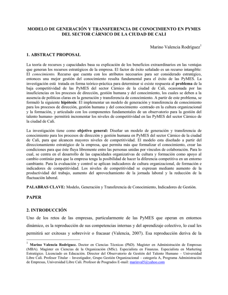 MODELO DE GENERACIÓN Y TRANSFERENCIA DE CONOCIMIENTO EN PYMES DEL ...
