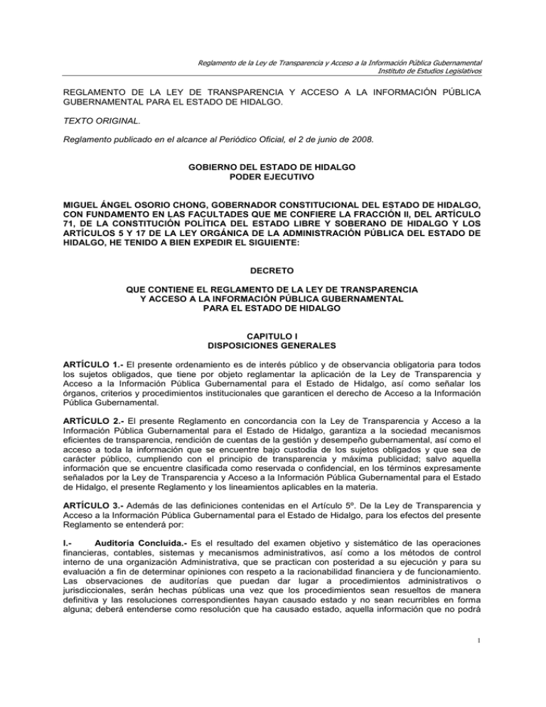Reglamento de la Ley de Transparencia y Acceso a la Informacion Publica Gubernamental para el