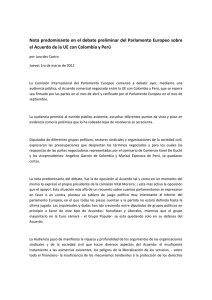 Nota predominante en el debate preliminar del Parlamento Europeo sobre  el Acuerdo de la UE con Colombia y Perú 