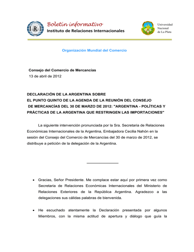 Declaraci N De La Argentina Sobre El Punto Quinto De La Agenda De La ...