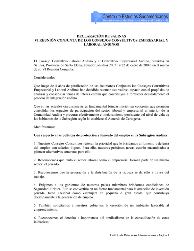 FINAL Declaraci N De Salinas Comunidad Andina En Plantilla