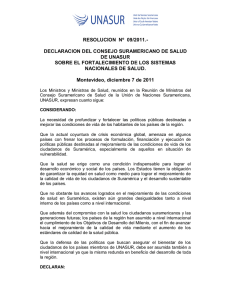 RESOLUCION  Nº  09/2011.-  DECLARACION DEL CONSEJO SURAMERICANO DE SALUD