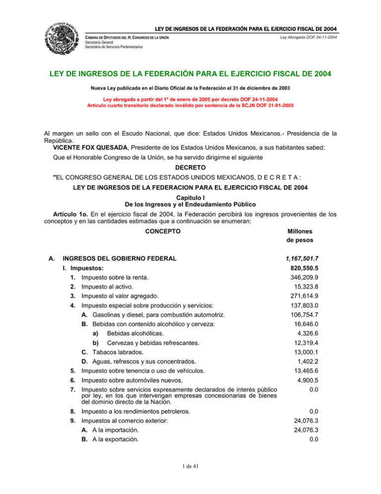 LEY DE INGRESOS DE LA FEDERACIÓN PARA EL EJERCICIO FISCAL...