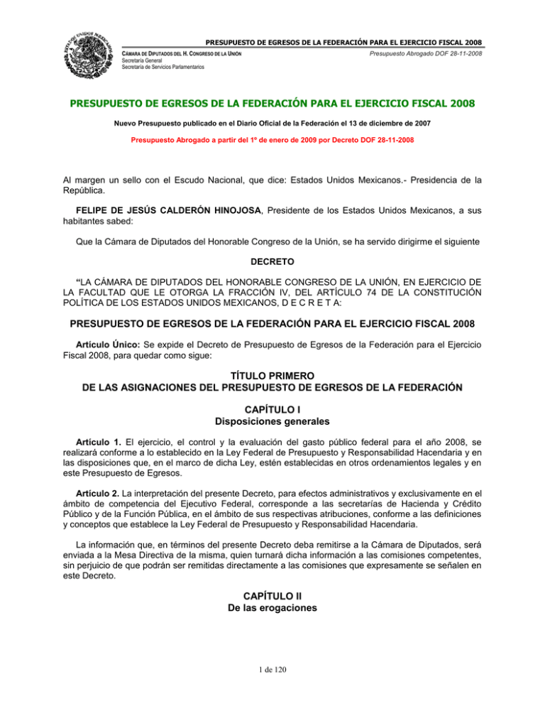 PRESUPUESTO DE EGRESOS DE LA FEDERACIÓN PARA EL EJERCICIO FISCAL...