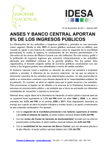 ANSES Y BANCO CENTRAL APORTAN 8% DE LOS INGRESOS PÚBLICOS
