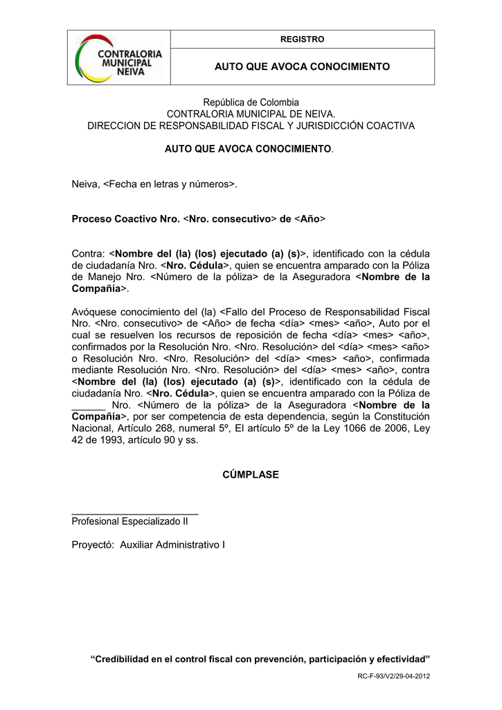 RCF93 AUTO QUE AVOCA CONOCIMIENTO