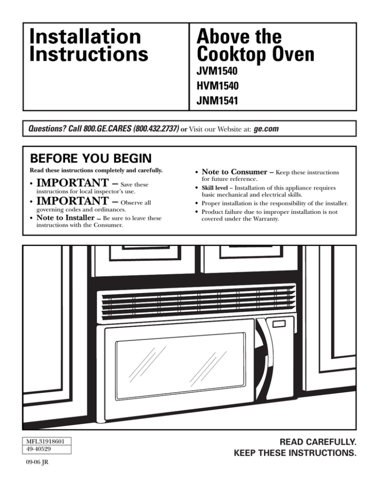 Installation Above the Instructions Cooktop Oven