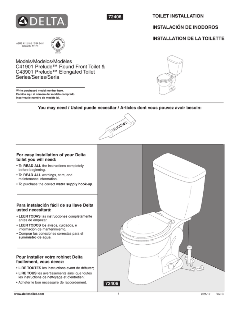 Models/Modelos/Modèles C41901 Prelude™ Round Front Toilet