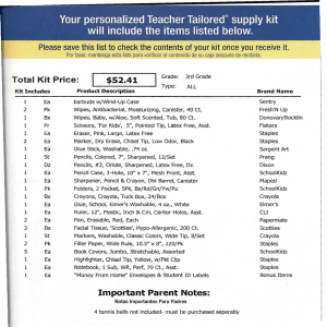 Your personalized Teacher Tailored" supply kit will include the items