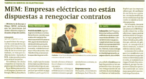 MEM: Empresas eléctricas no están dispuestas a renegociar contratos