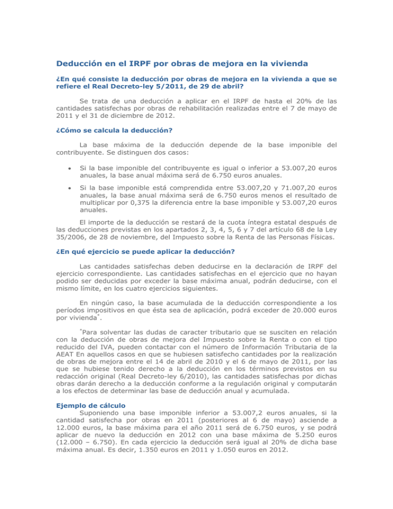 Deducción En El IRPF Por Obras De Mejora En La Vivienda