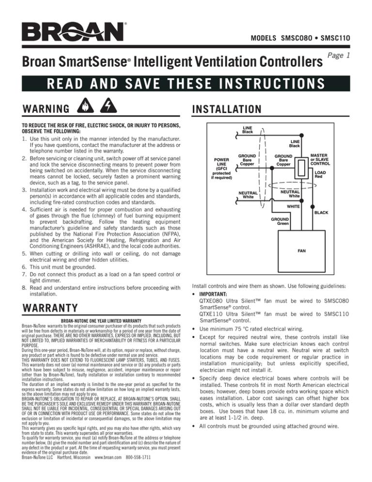 Broan SmartSense® Intelligent Ventilation Controllers READ AND
