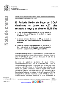 El Periodo Medio de Pago de CCAA disminuye en junio en 4,27