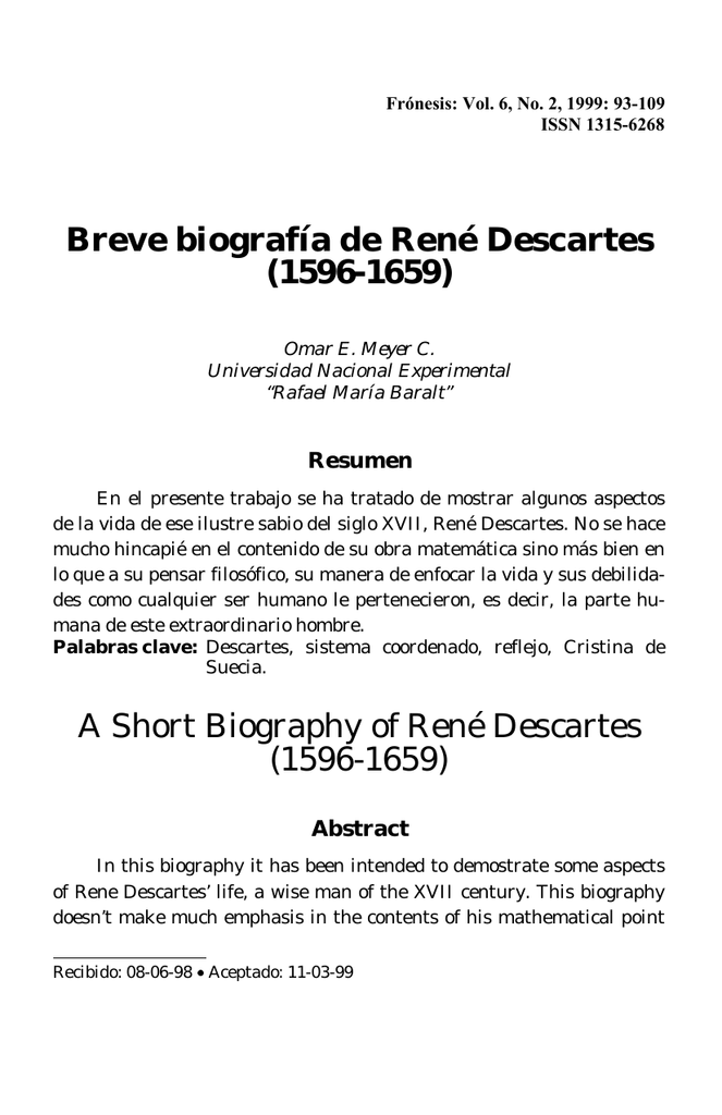 Resumen Sobre La Biografia De Rene Descartes El Sobre