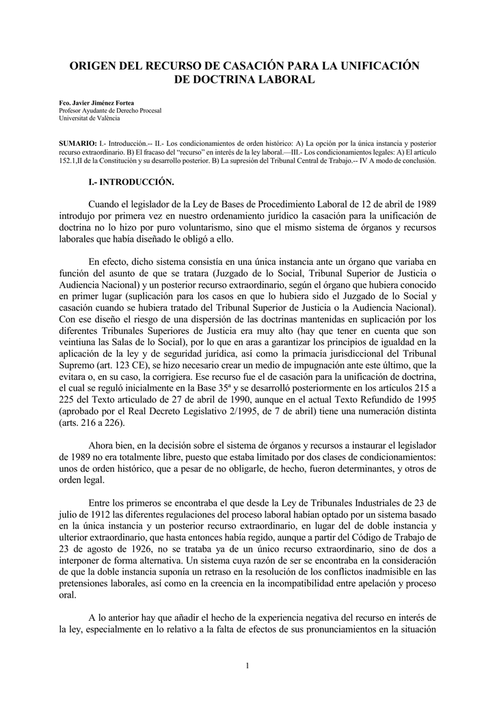 Origen Del Recurso De Casación Para La Unificación