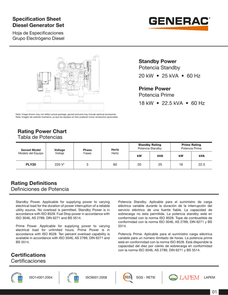 Specification Sheet Diesel Generator Set Rating Power Chart Tabla