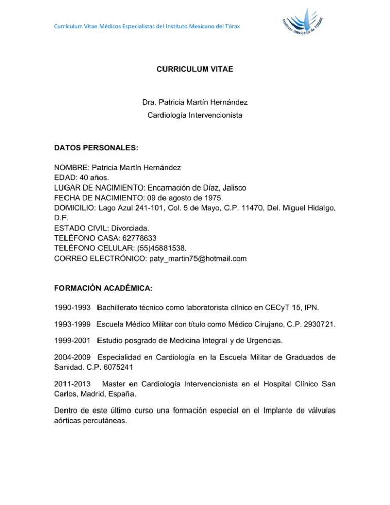 Curriculum Vitae Dra Patricia Martín Hernández Cardiología