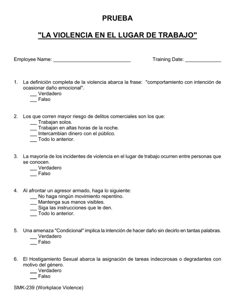 Prueba La Violencia En El Lugar De Trabajo 5237