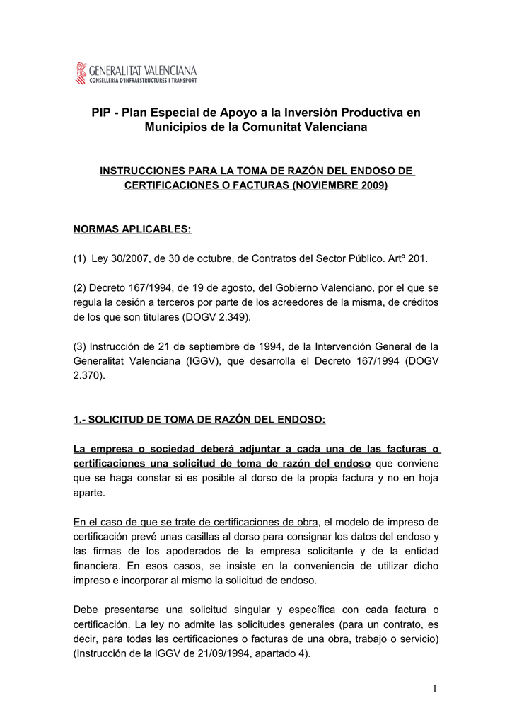 instrucciones a efectos de endosar certificaciones o facturas