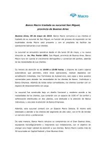 Banco Macro traslada su sucursal San Miguel, provincia de Buenos