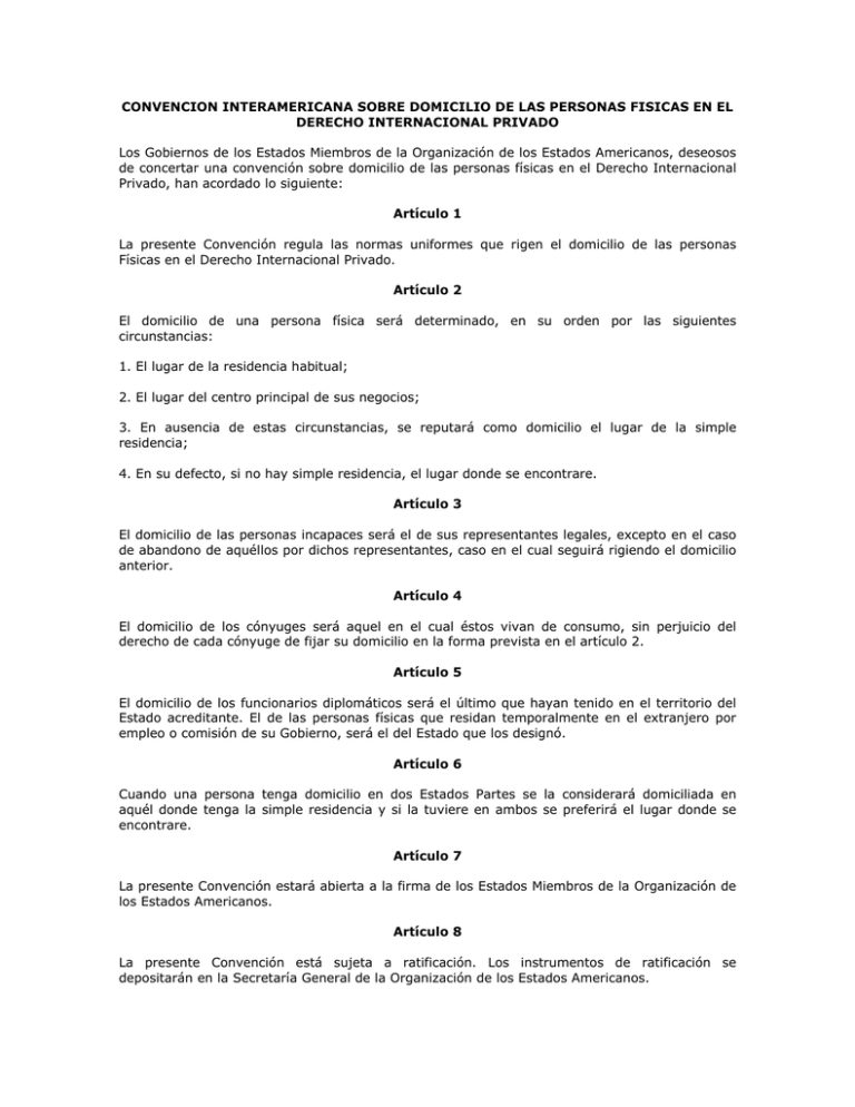 Convención Interamericana Sobre Domicilio De Las Personas Físicas