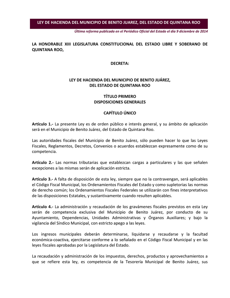 ley de hacienda del municipio de benito juarez, del estado de ley de hacienda del municipio de benito juarez, del estado de