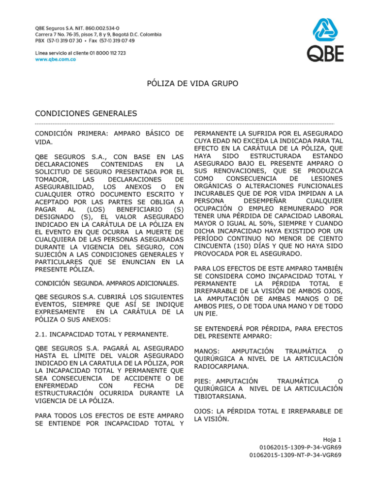 PÓLIZA DE VIDA GRUPO CONDICIONES GENERALES PÓLIZA DE VIDA GRUPO CONDICIONES GENERALES