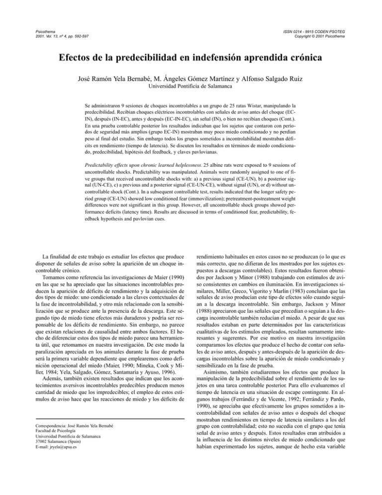 Efectos De La Predecibilidad En Indefensión Aprendida