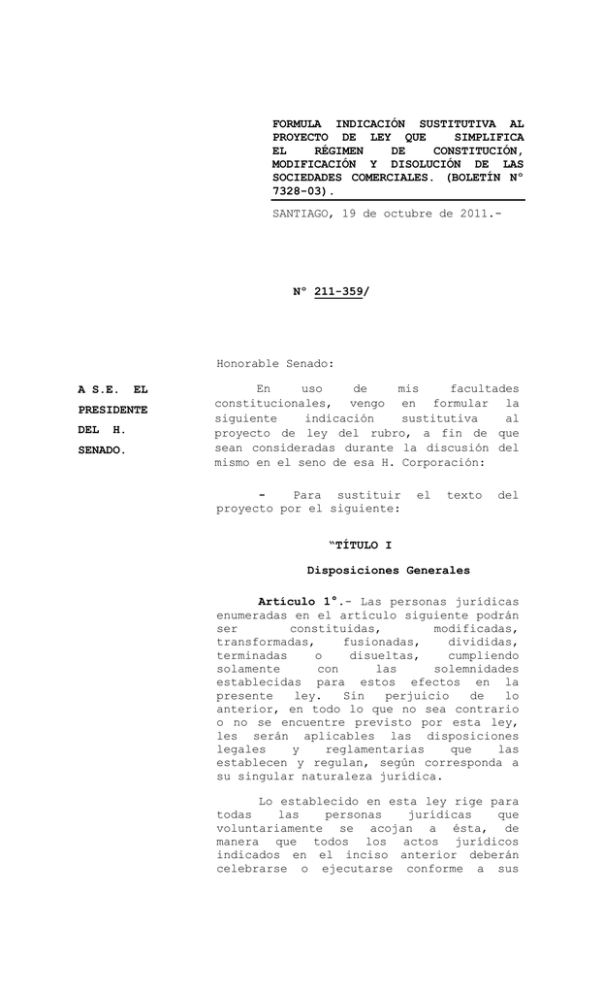 Formula IndicaciÓn Sustitutiva Al Proyecto De Ley 6407