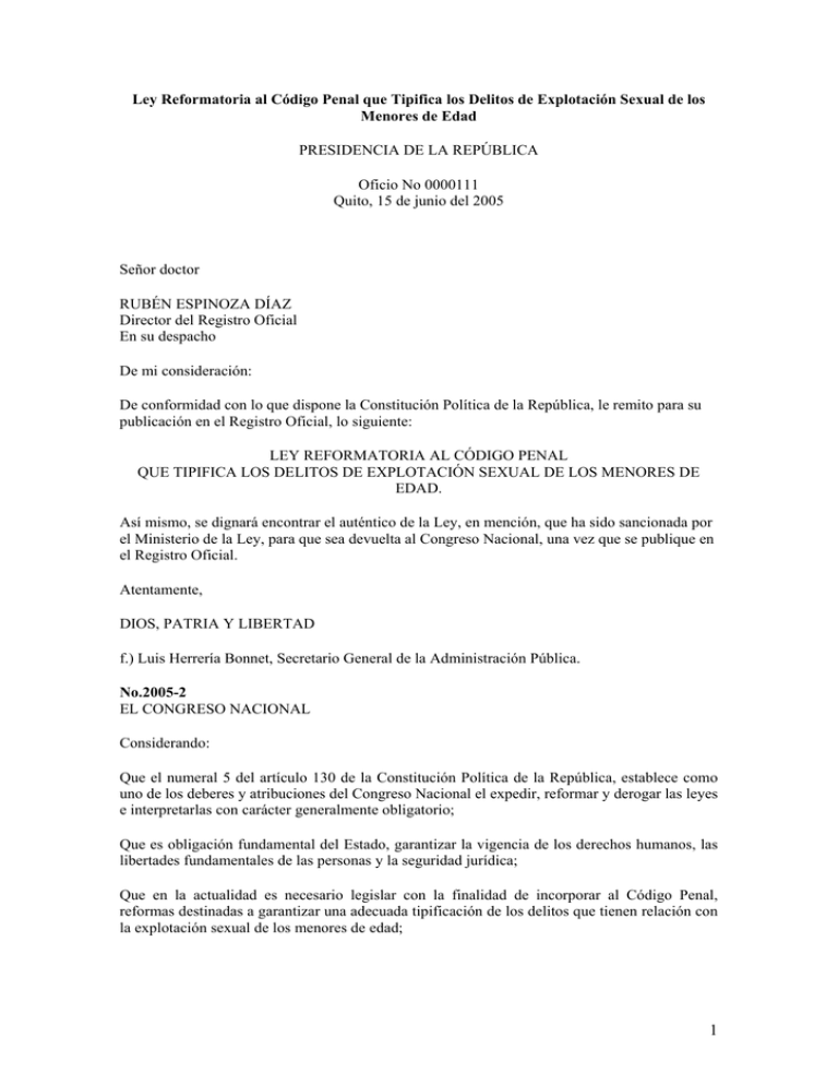 Ley Reformatoria Al Código Penal Que Tipifica Los Delitos De