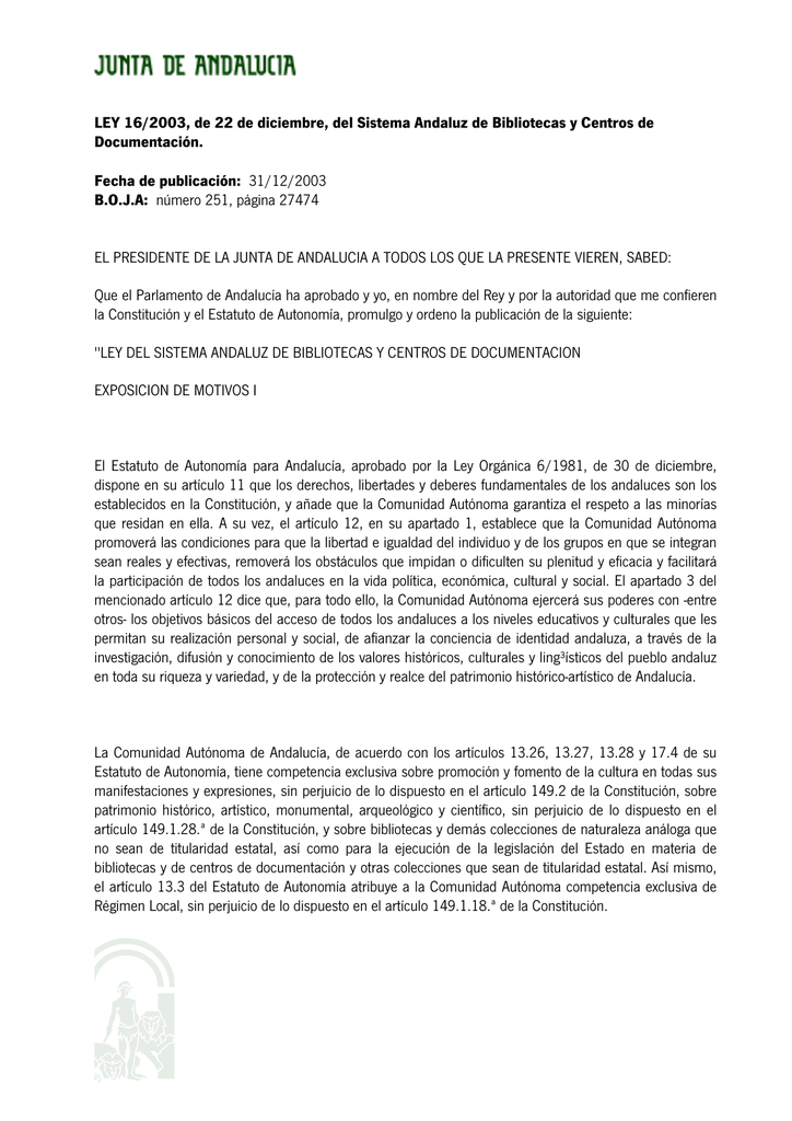 LEY 16/2003, De 22 De Diciembre, Del Sistema Andaluz De