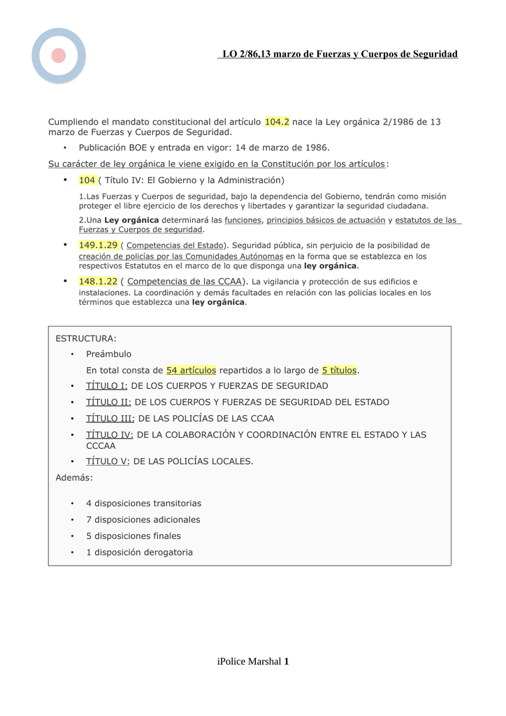 LO 2/86,13 Marzo De Fuerzas Y Cuerpos De Seguridad IPolice