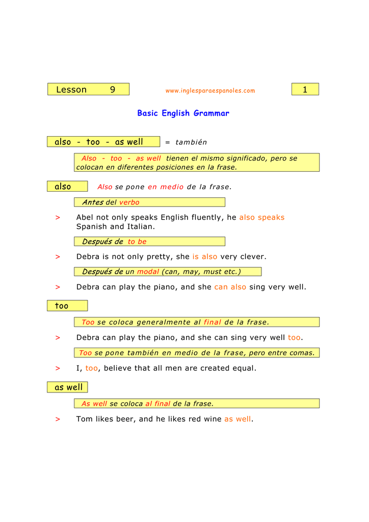 Lesson 9 Also Too