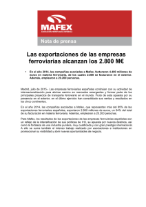 Las exportaciones de las empresas ferroviarias alcanzan los 2.800 M€
