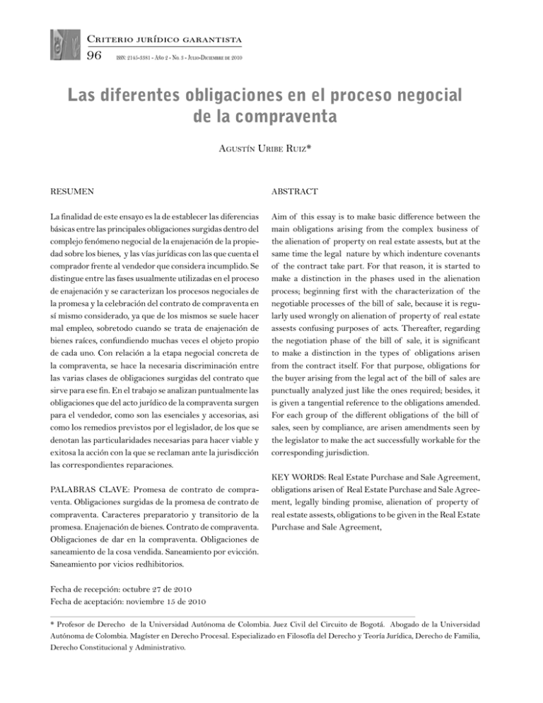 Las Diferentes Obligaciones En El Proceso Negocial De La Compraventa