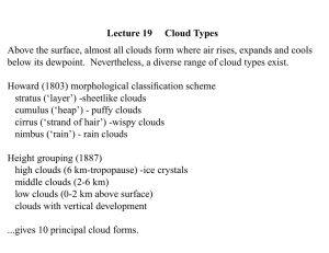 Lecture 19 Cloud Types Above the surface, almost all clouds form